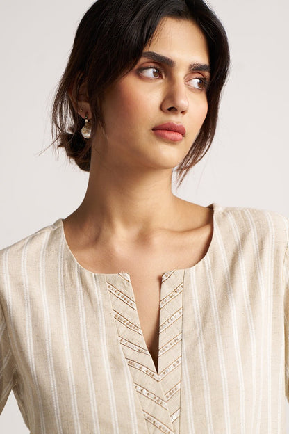 Women's Beige and White Stripe Cotton Linen Co-ord Set
