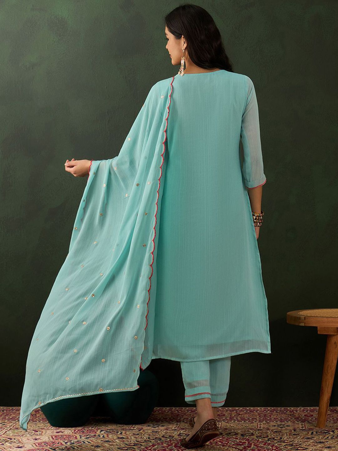 Dhiyona SN Women's Blue Floral Embroidered Zari Sequince Anarkali Kurta With Trousers And Dupatta