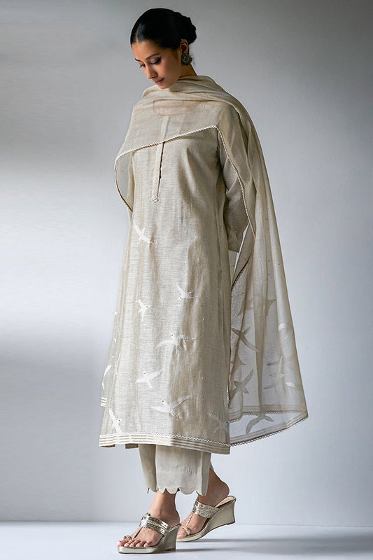 Women's Fog Beige Viscose Chanderi Woven Kurta Suit Set With Embroidery and Hand Work Detailing