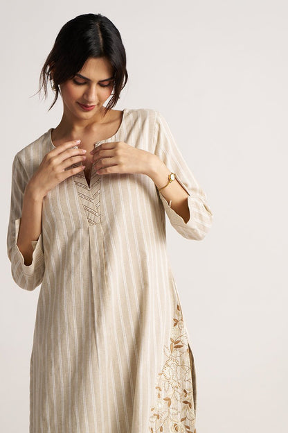 Women's Beige and White Stripe Cotton Linen Co-ord Set