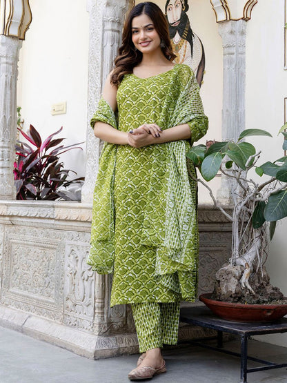 Dhiyona IE Floral Printed V-Neck Pure Cotton Straight Kurta With Trouser And Dupatta