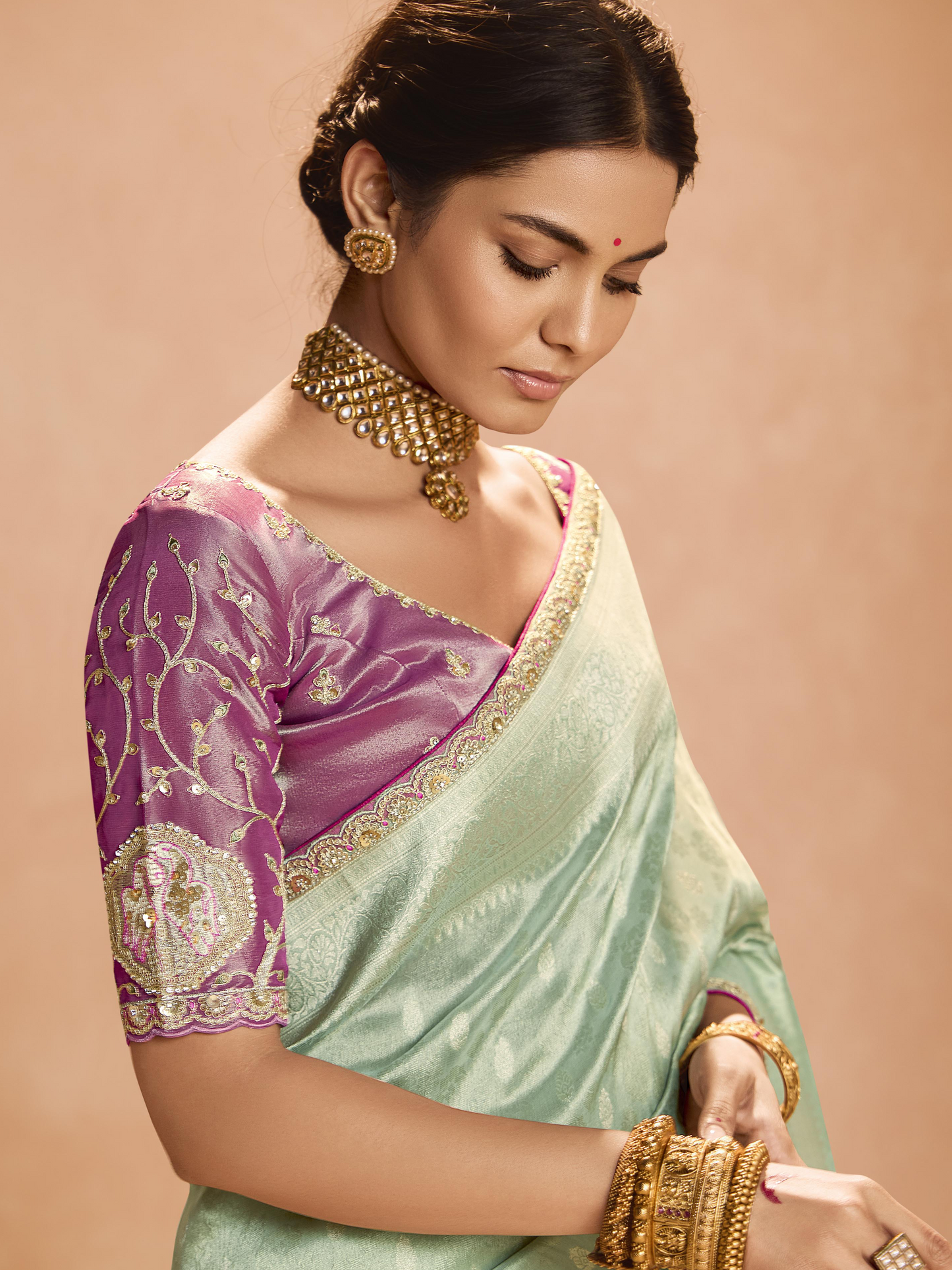 Dhiyona KM Women Mint Green Kanjivaram Silk Saree With Elegant Purple Embroidered Blouse “ A Dreamy Delight