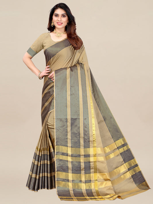 Women's Aura Silk Beige Printed Designer Saree With Blouse Piece