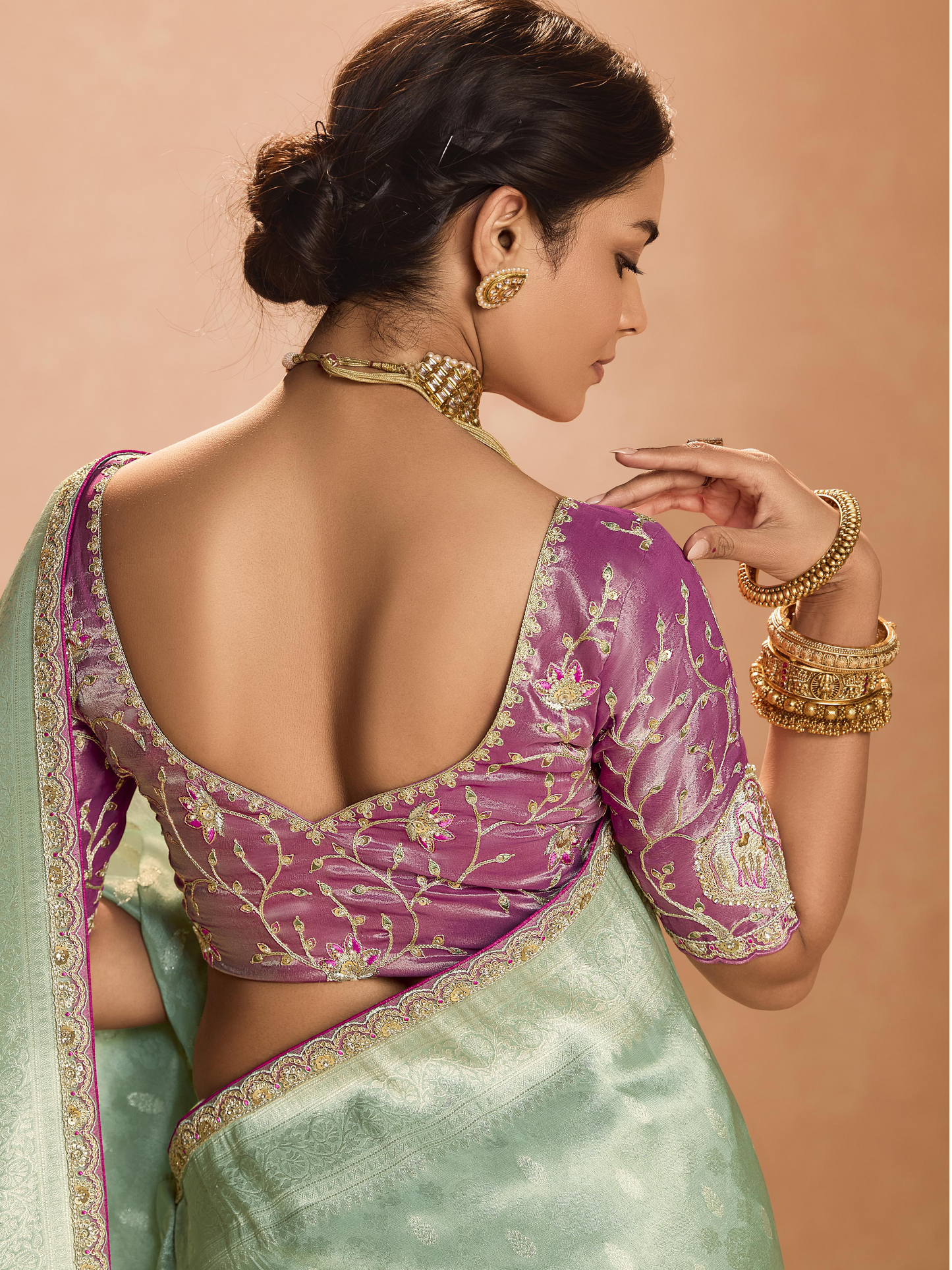 Dhiyona KM Women Mint Green Kanjivaram Silk Saree With Elegant Purple Embroidered Blouse “ A Dreamy Delight
