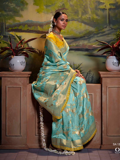 Dhiyona KM Women Sea Green Pure Dola Silk Floral Saree
