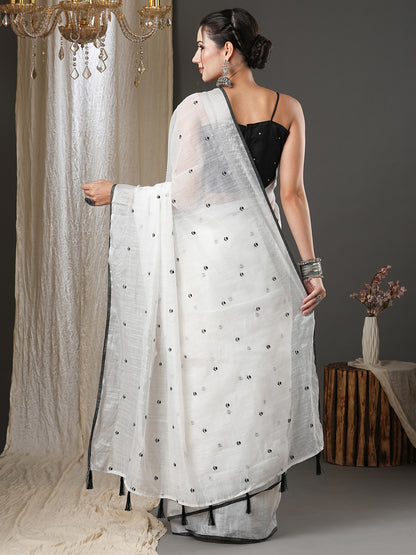 Women's Cotton Silk White Embroidered Designer Saree With Blouse Piece