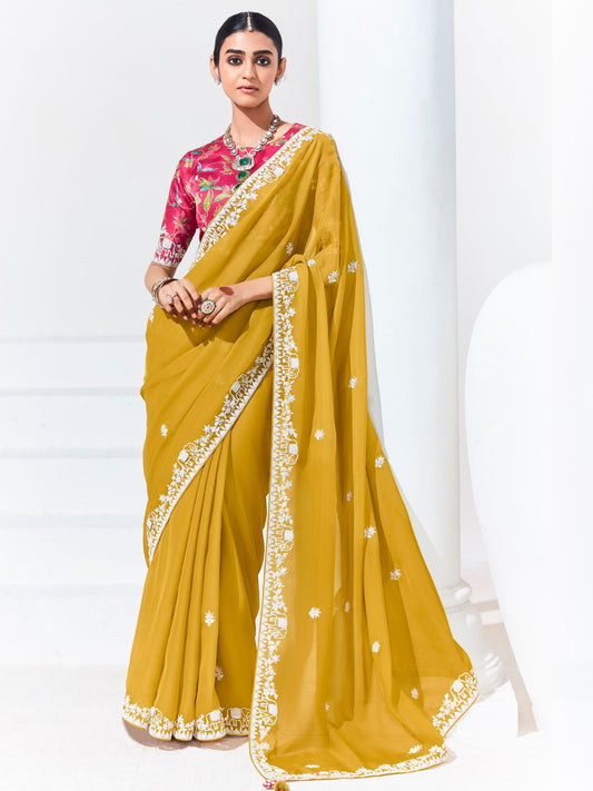 Dhiyona KM Women Yellow Saree With Floral-Print Blouse “ Radiant Elegance
