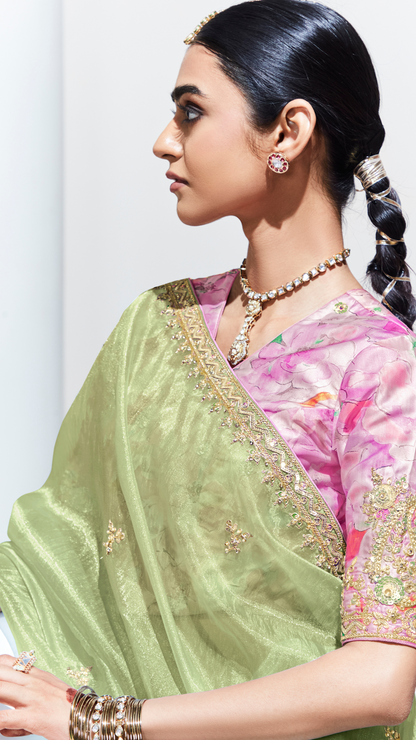Dhiyona KM Women Sea Green Organza Tissue Silk Saree With Crushed Texture
