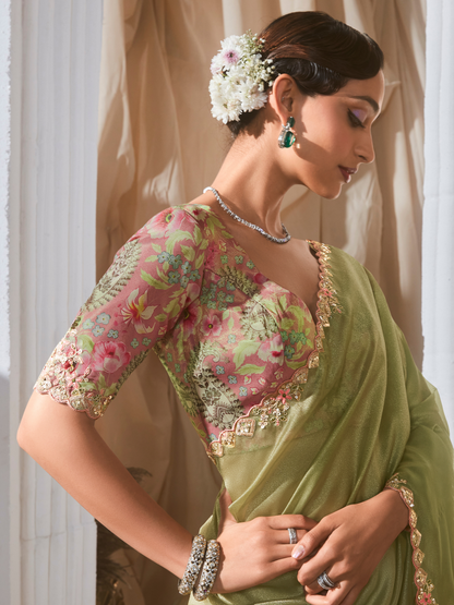 Dhiyona KM Women Sea Green Organza Saree: Effortless Elegance For Every Occasion