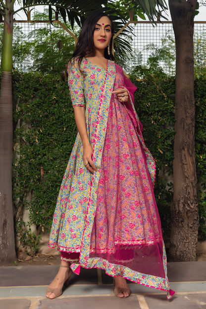 Jaipuri Hand Block Cotton Anarkali Set