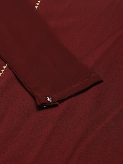 Women's Maroon Poly Crepe A-Line Kurta Set With Dupatta