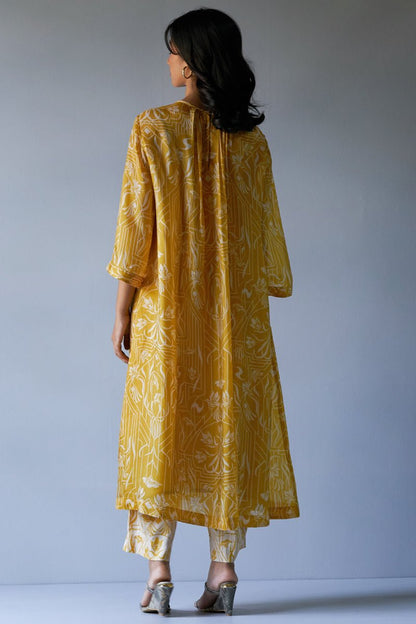 Women's Mustard Yellow and Beige Bemberg Silk Printed Co-ord Set