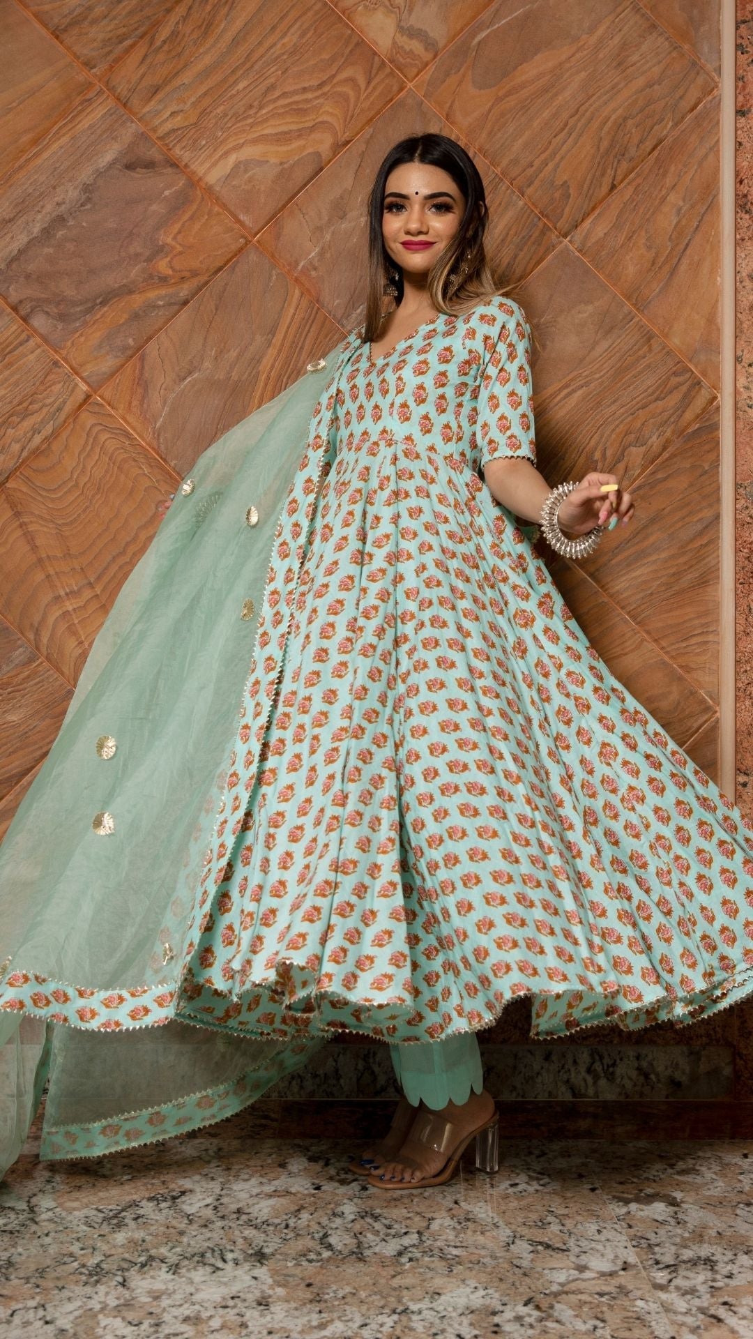 Lilly Of Valley Hand Block Anarkali Set