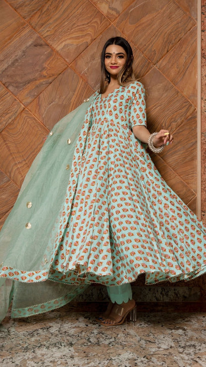 Lilly Of Valley Hand Block Anarkali Set