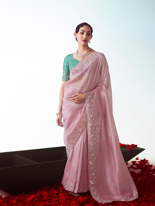 Dhiyona KM Women Baby Pink Organza Silk Saree
