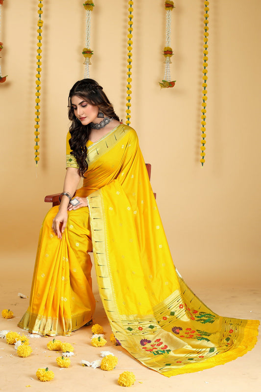 Dhiyona GR Women's Mastani 2 Yellow Zari Paithani Silk Saree