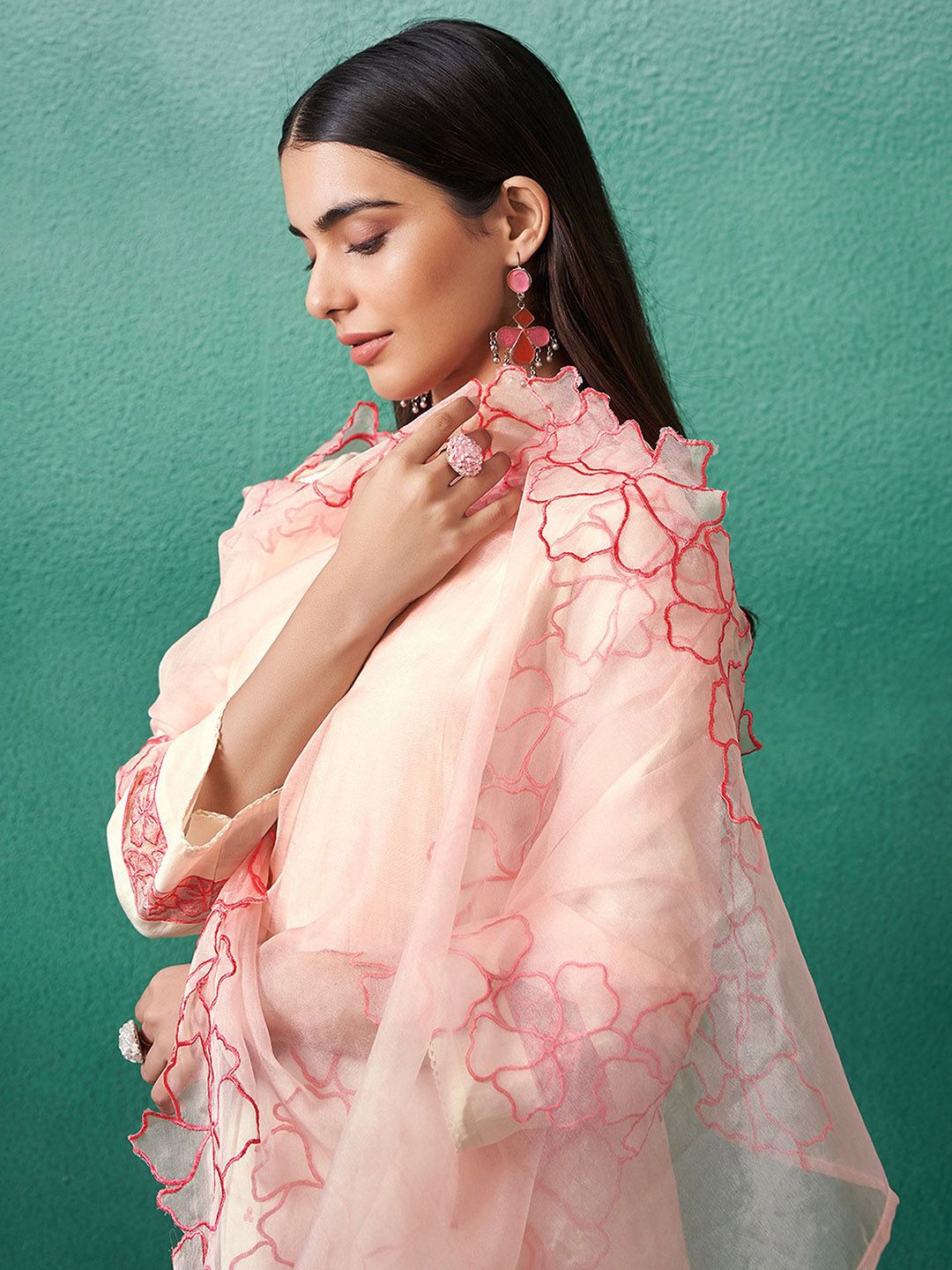 Floral Embroidered Thread Work Straight Kurta With Trousers & Dupatta