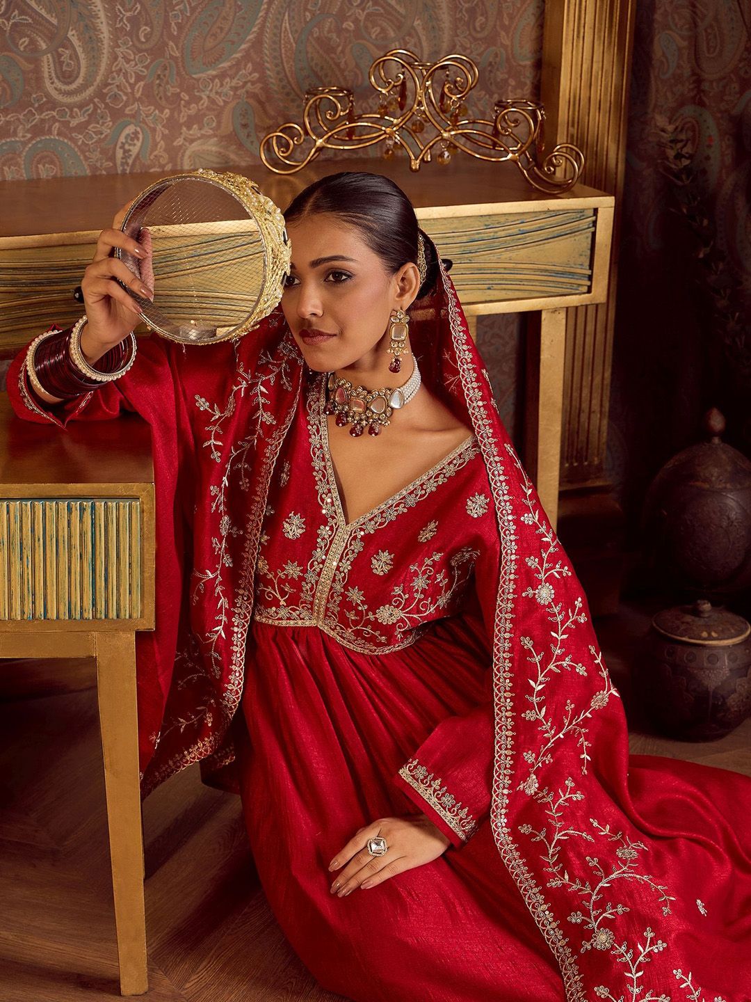 Women Floral Embroidered Empire Kurta with Trousers & With Dupatta