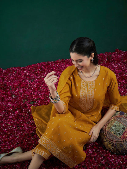 Dhiyona IE Embroidered Regular Sequinned Chanderi Silk Kurta With Trousers & Dupatta