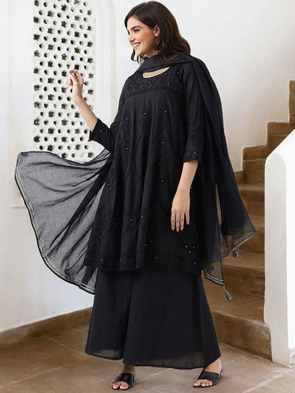 Dhiyona IS Women's Ethnic Motifs Embroidered Pure Cotton A-Line Kurta With Palazzo & Dupatta
