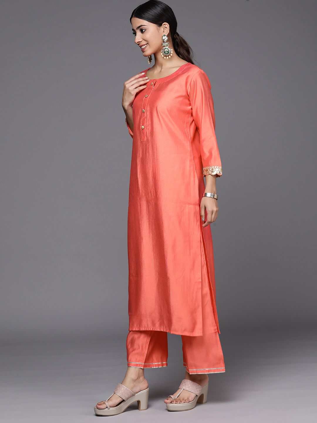Floral Printed Sequinned Pure Cotton Kurta with Palazzos & With Dupatta