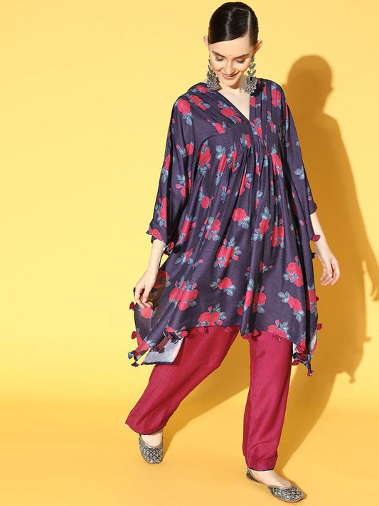 Dhiyona VA Women's Navy Blue Floral Printed Kurta with Trousers