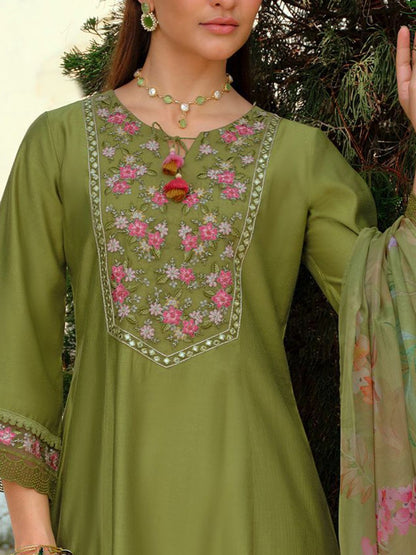 Floral Embroidered Tieup Neck Liva A-Line Kurta With Trousers & Dupatta