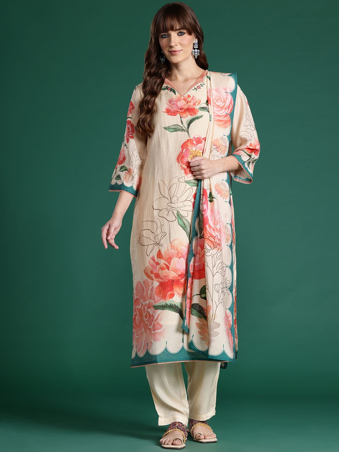 Dhiyona IE Floral Printed Kurta with Trousers & Dupatta
