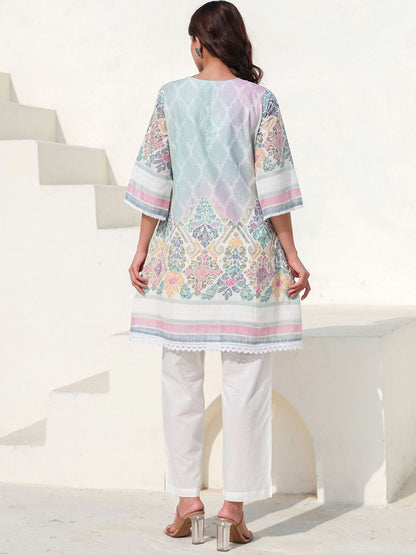 Floral Printed Notch Neck A Line Pure Cotton Kurta With Trousers