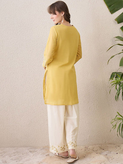 Floral Embroidered Notch Neck Pure Cotton Straight Kurta With Trousers