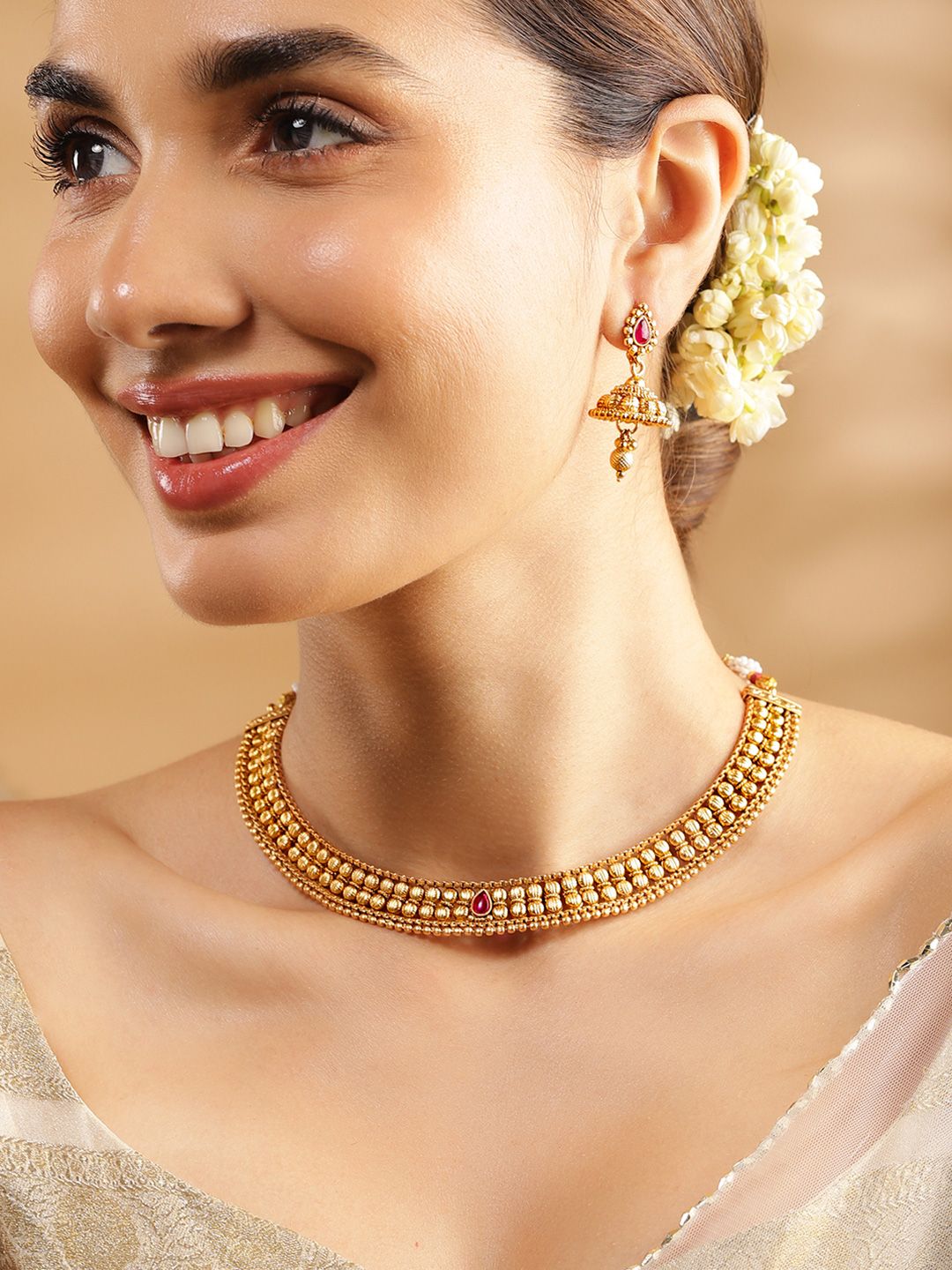 Dhiyona RJ Women's 22K Gold-Plated Ruby Pink & Kundan Studded Necklace Set with Jhumka Earrings