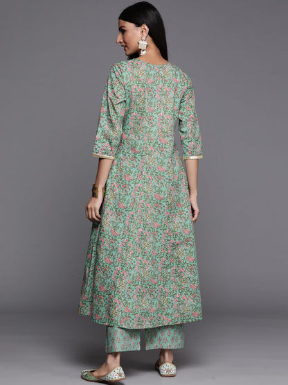 Dhiyona VA Women's Sea Green Floral Printed Angrakha Pure Cotton Kurta with Palazzos
