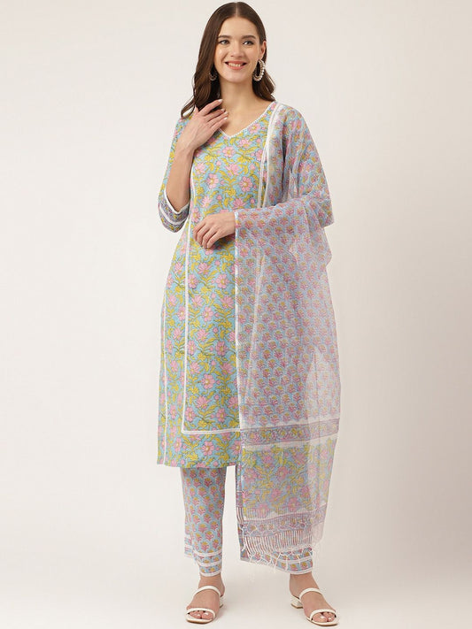 Dhiyona KL Floral Printed Pure Cotton Straight Kurta & Trousers With Dupatta