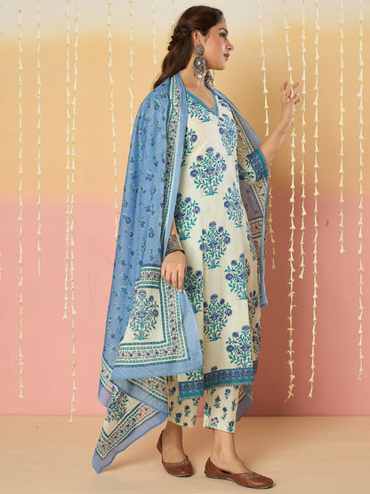 Women Floral Printed Regular Pure Cotton Kurta with Trousers & With Dupatta