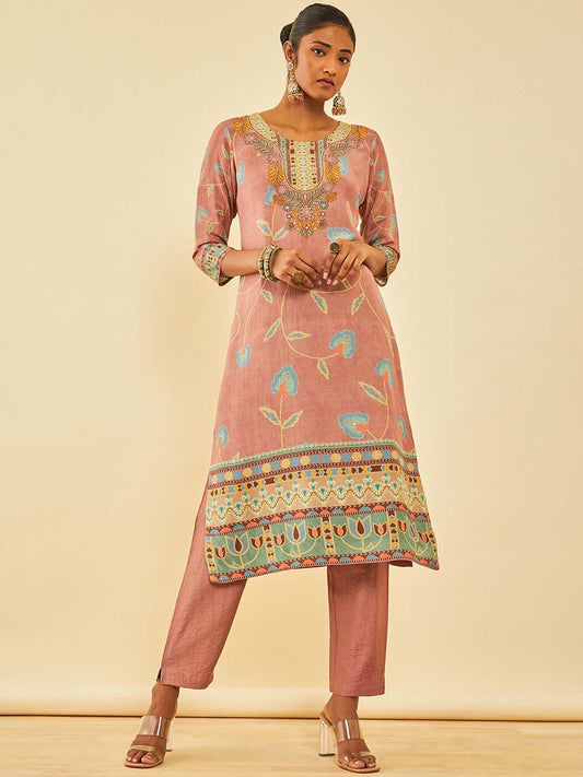 Dhiyona SO Women's Floral Printed Regular Beads and Stones Kurta with Trousers & With Dupatta