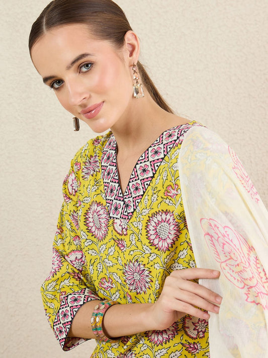 Dhiyona IE Floral Printed Pure Cotton V-Neck A-Line Kurta With Trousers And Dupatta
