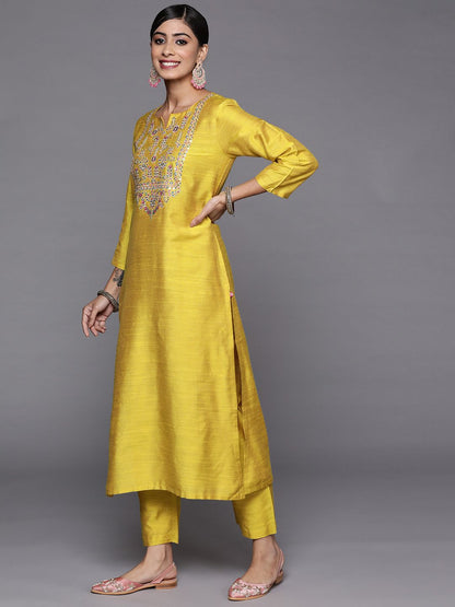 Dhiyona VA Women's Yellow Ethnic Motifs Embroidered Thread Work Kurta with Trousers & With Dupatta