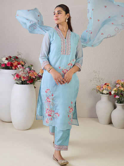Dhiyona IE Floral Embroidered V-Neck Thread Work Straight Kurta & Trousers & Dupatta
