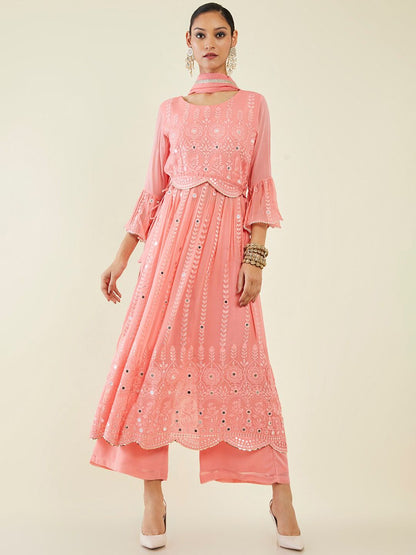 Dhiyona SO Women's Floral Embroidered Mirror Work Kurta With Palazzos & Dupatta