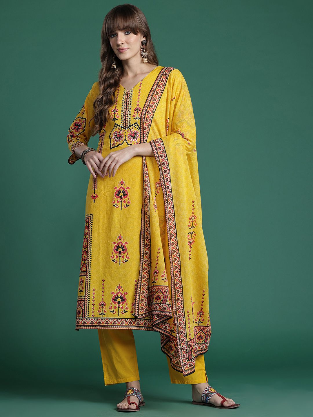 Dhiyona IE Ethnic Motifs Printed Mirror Work Pure Cotton Kurta with Trousers & With Dupatta