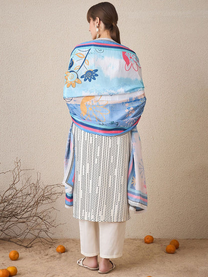 Geometric Printed Pure Cotton Straight Kurta With Trousers & Dupatta