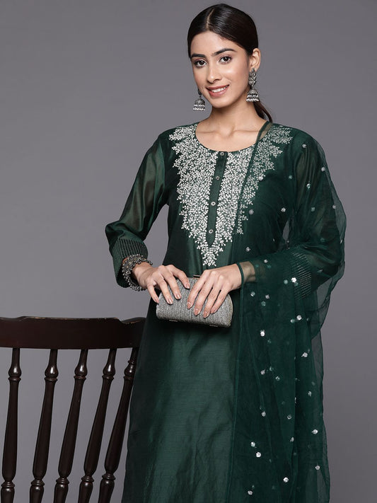 Dhiyona VA Women'sFloral Embroidered Regular Chanderi Silk Zari Kurta with Trousers & Dupatta