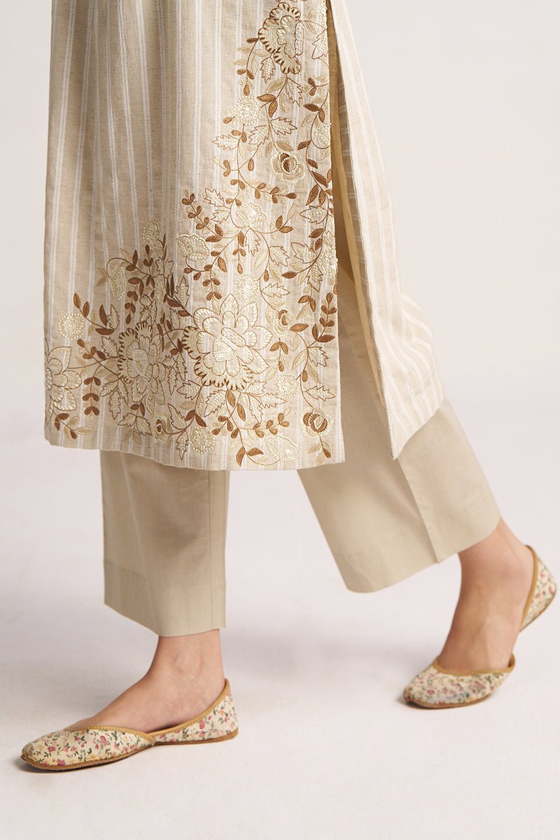 Women's Beige and White Stripe Cotton Linen Co-ord Set