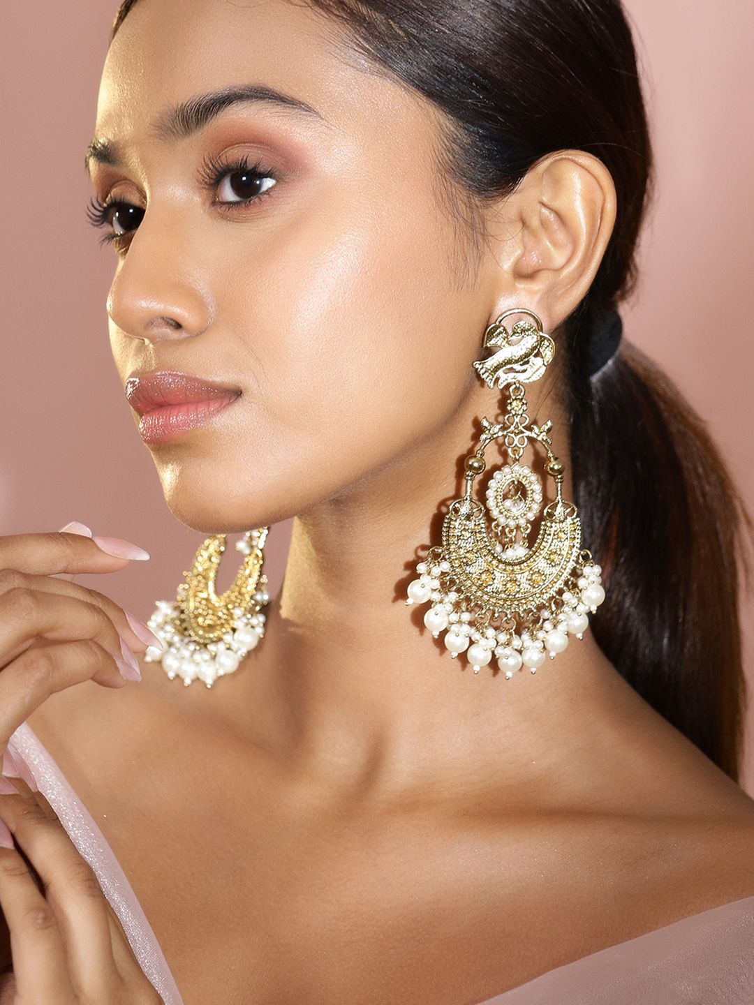 Dhiyona RJ Women's 18K Gold-Plated Large Chandbali Earrings with White Pearl Beaded Accents