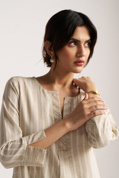 Women's Beige and White Stripe Cotton Linen Co-ord Set