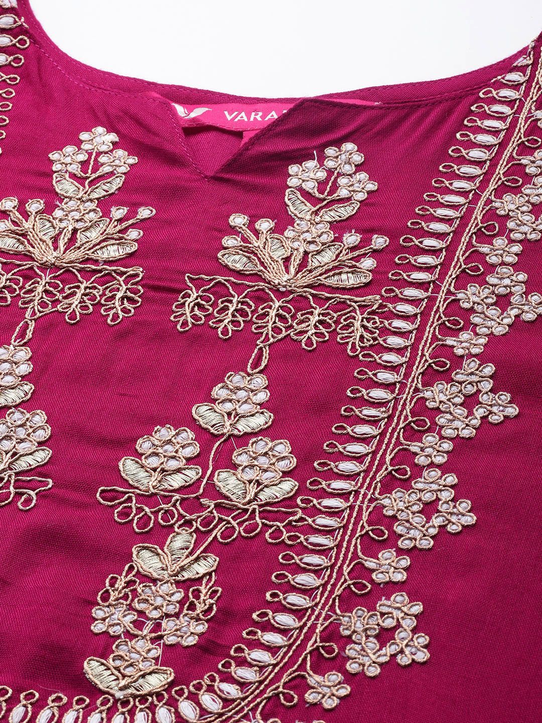 Dhiyona VA Women's Maroon Yoke Design Mirror Work Kurta with Trousers & Dupatta