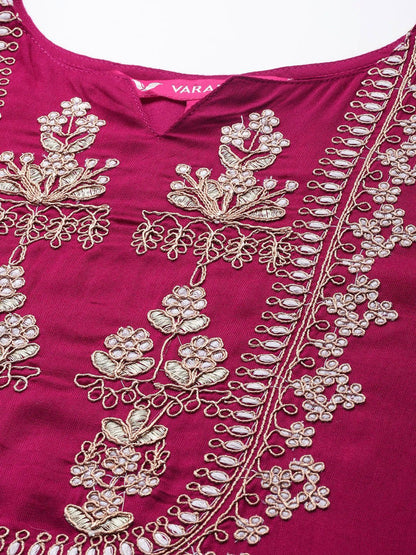 Dhiyona VA Women's Maroon Yoke Design Mirror Work Kurta with Trousers & Dupatta