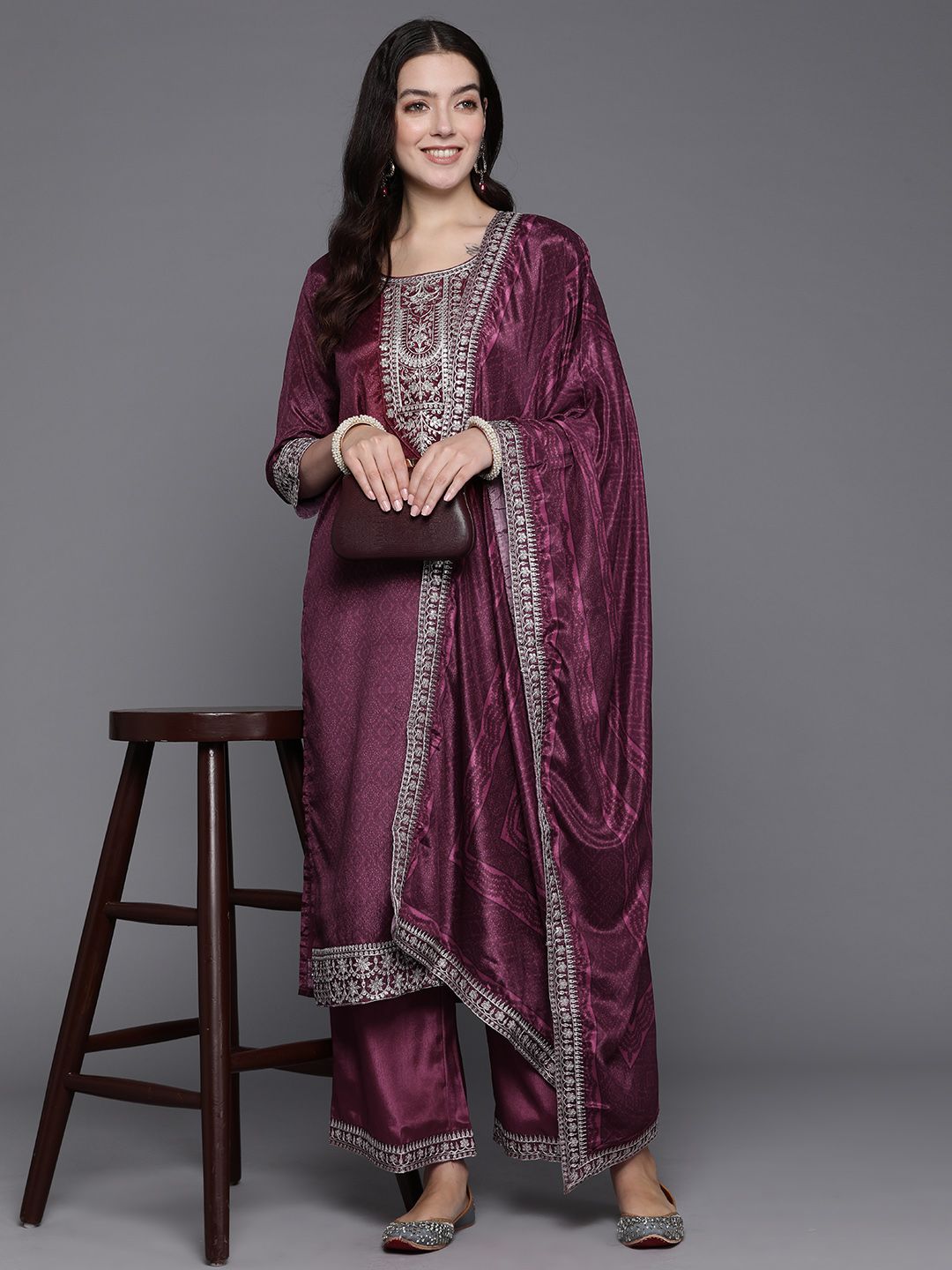 Women Ethnic Motifs Embroidered Sequinned Kurta with Palazzos & With Dupatta