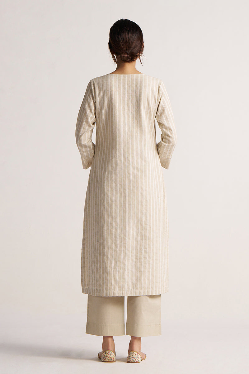 Women's Beige and White Stripe Cotton Linen Co-ord Set