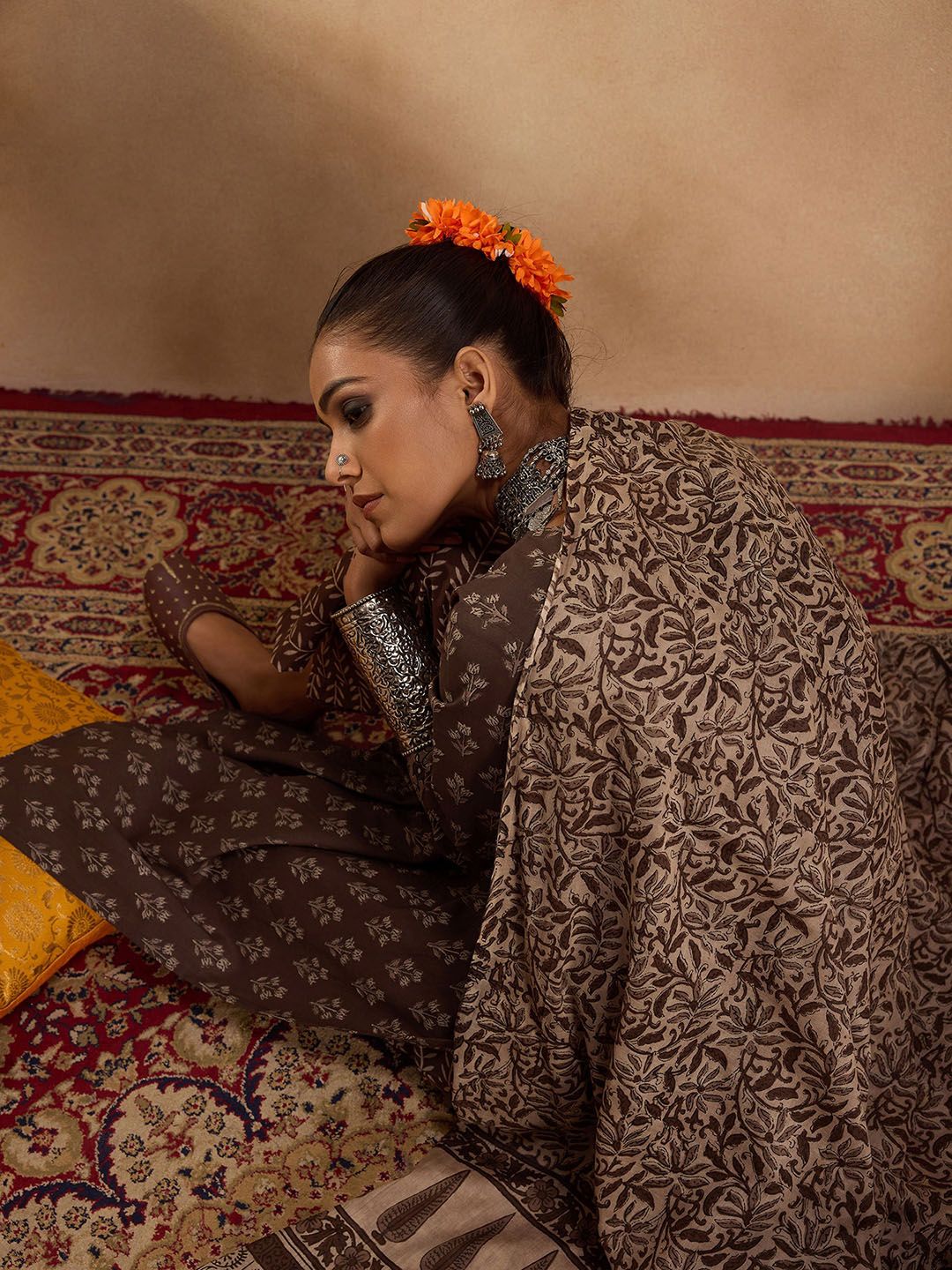 Ethnic Motifs Printed Pure Cotton Straight Kurta with Palazzos & Dupatta